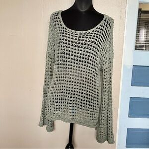 POL Sage green boho open knit crochet sweater with flare sleeves